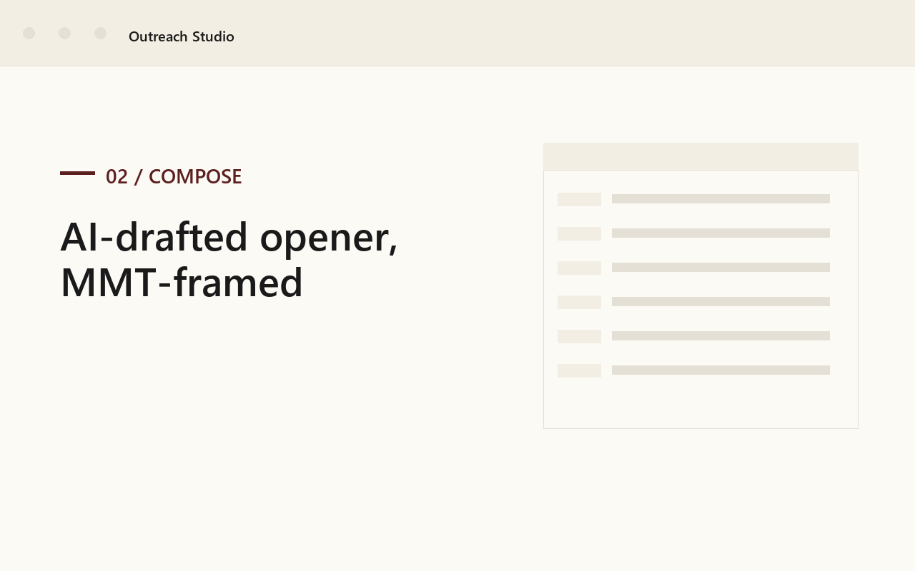AI compose surface drafting an MMT-framed opener for a journalist